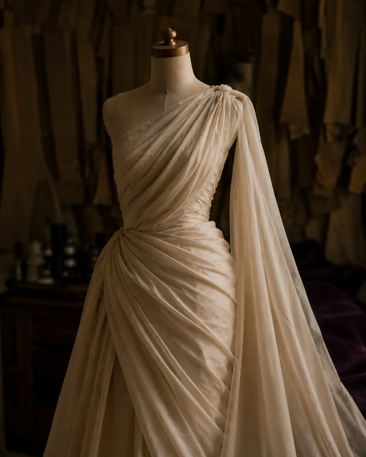Draped one-shoulder gown on a dress form