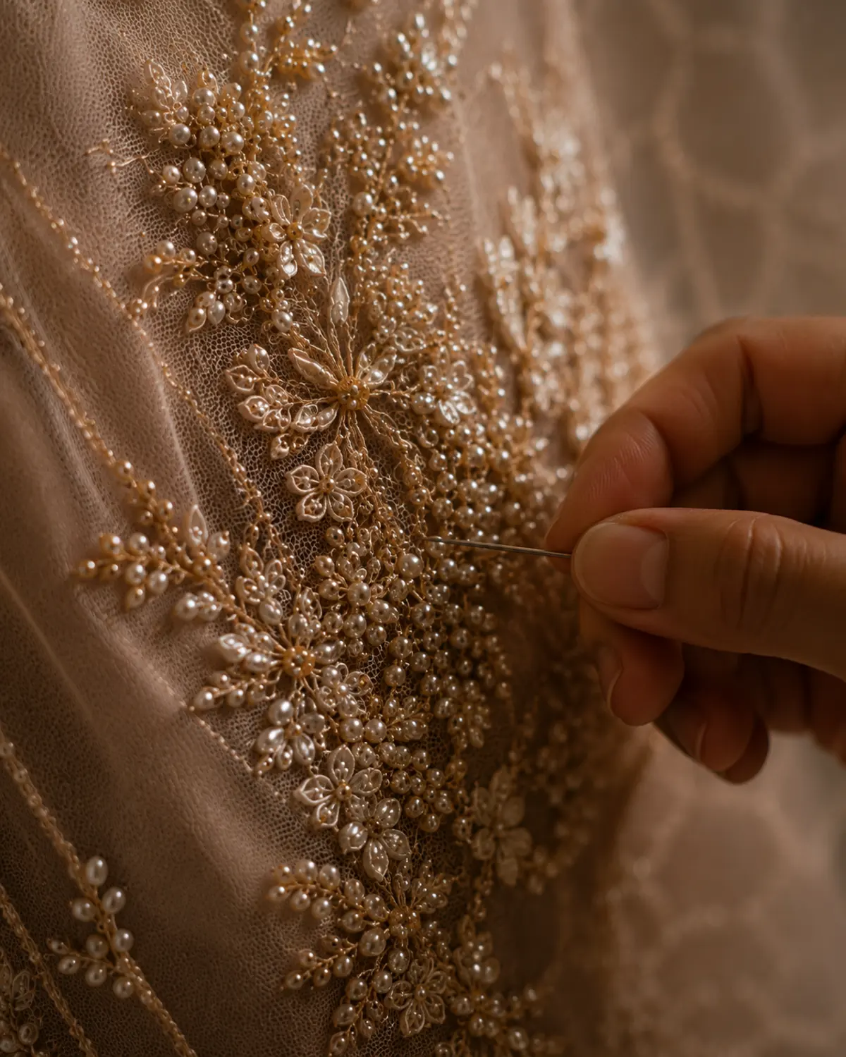 Pearl and floral beadwork stitched by hand onto tulle