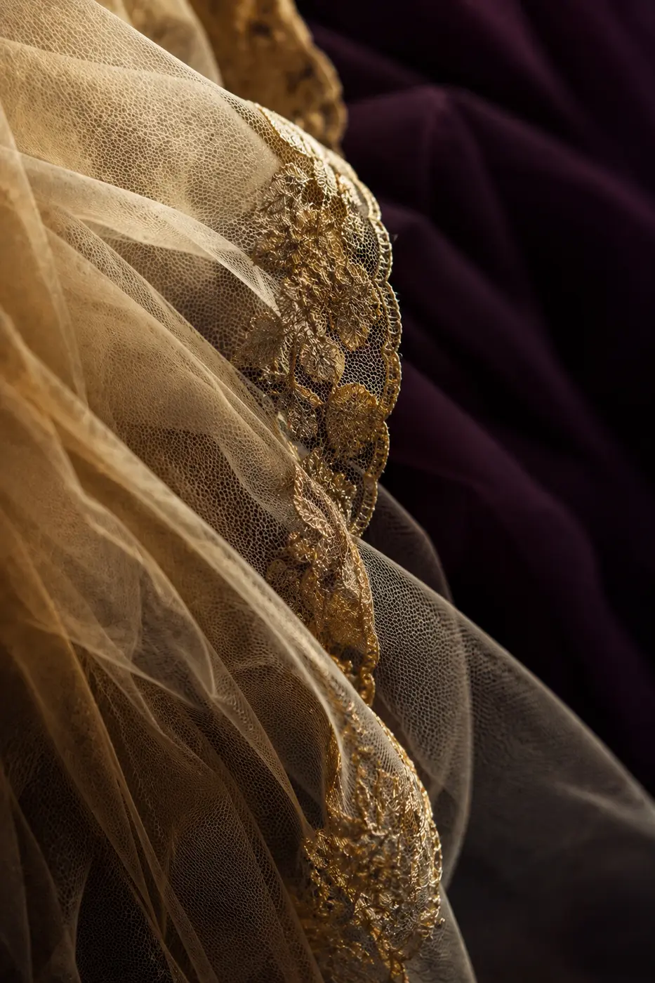Gold beaded trim worked into soft tulle