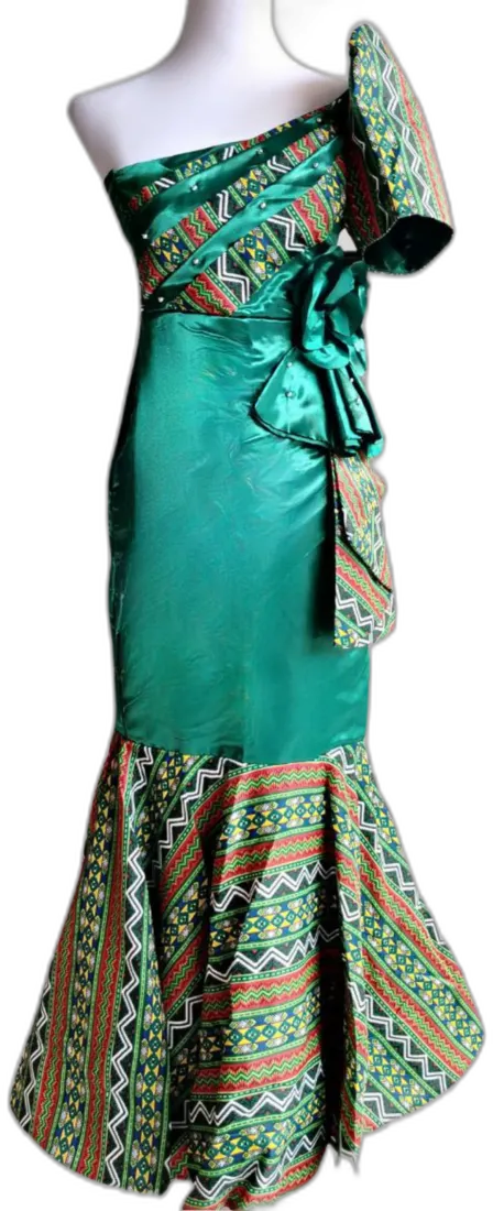 Emerald and printed satin gown with draped shoulder