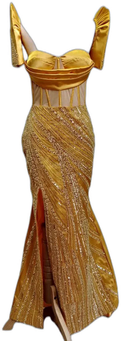 Gold beaded column gown with front slit
