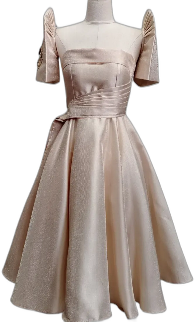 Champagne satin A-line with structured sleeves