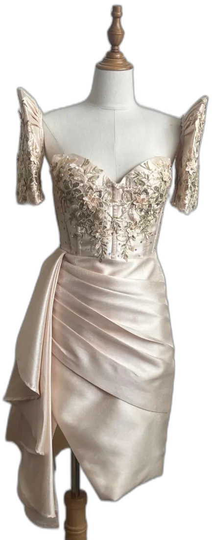 Cream draped cocktail dress with beaded bodice
