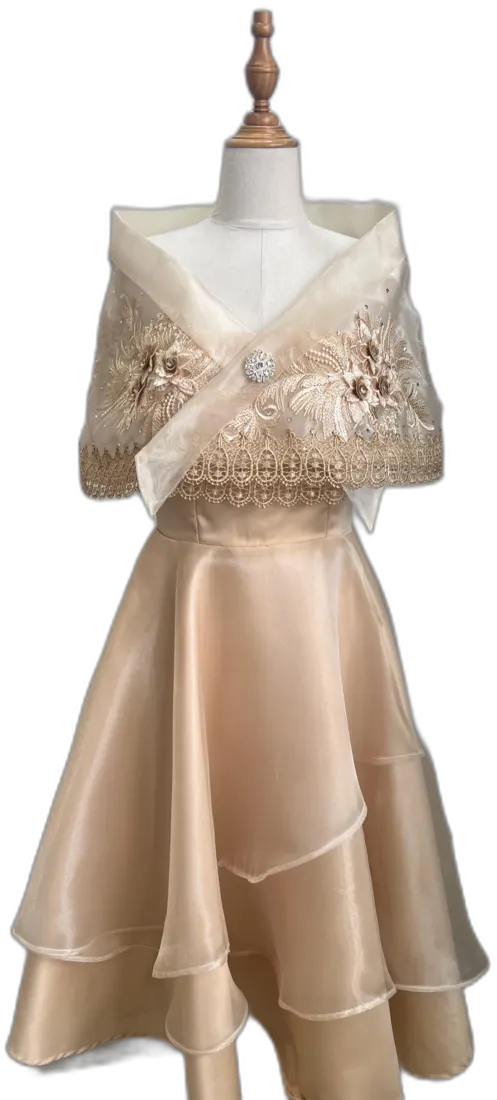 Cream tiered dress with lace shawl