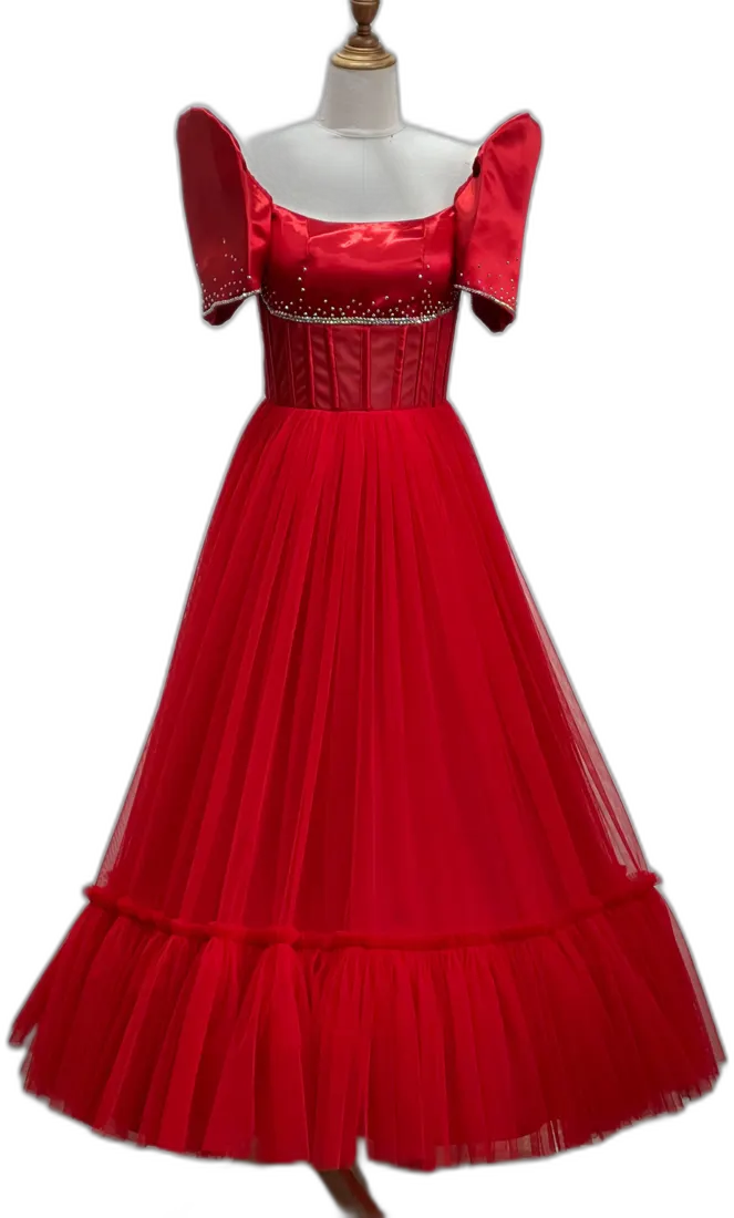 Red tulle ball gown with butterfly sleeves