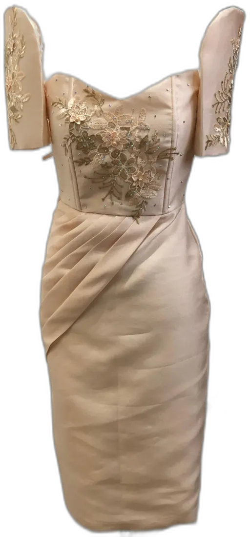 Champagne draped cocktail dress with beaded bodice