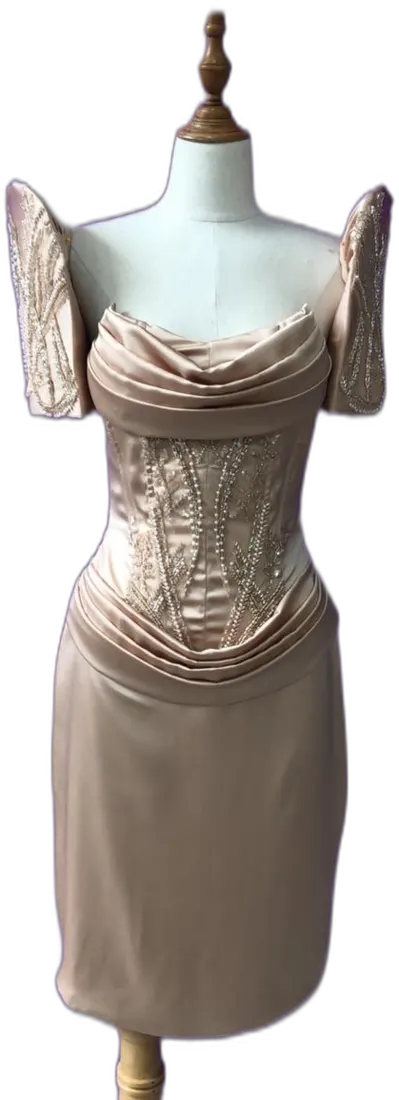 Champagne corset dress with draped skirt