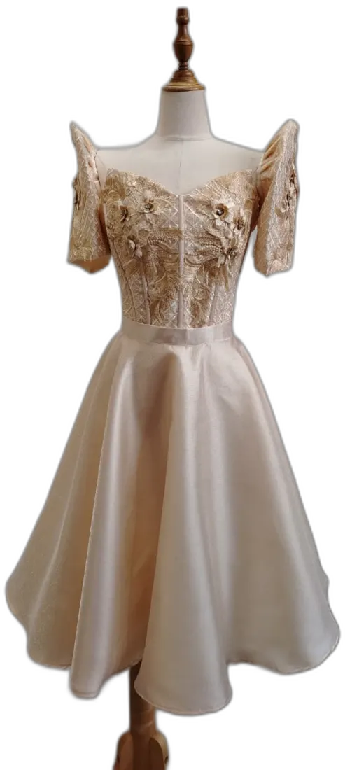 Cream gown with beaded bodice and organza skirt