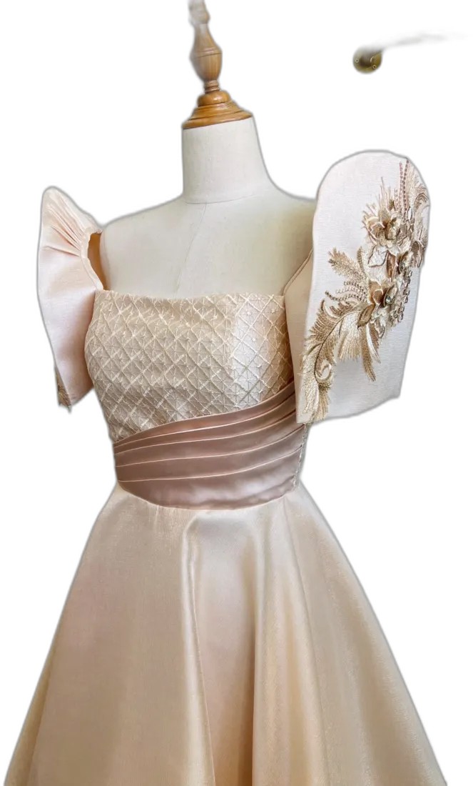 Cream gown with embroidered sleeve panel