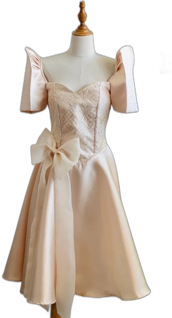Blush gown with bow and draped sash