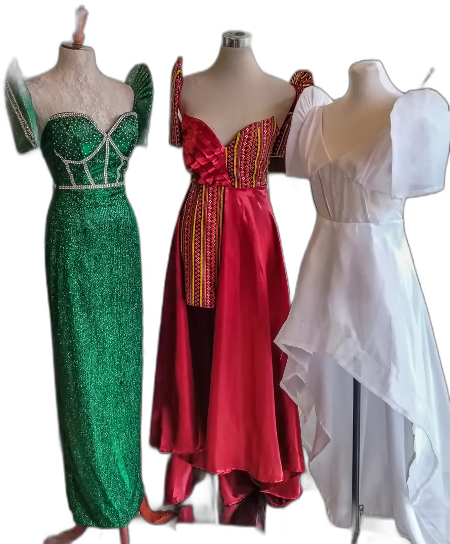 Three gowns — emerald, red and white