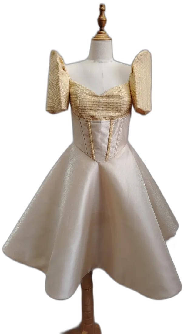 Ivory gown with structured sleeves